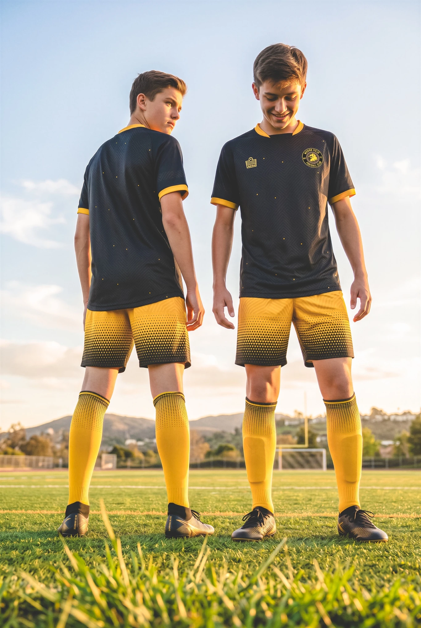 Rear view of Mission Viejo FC home and away kits on the pitch
